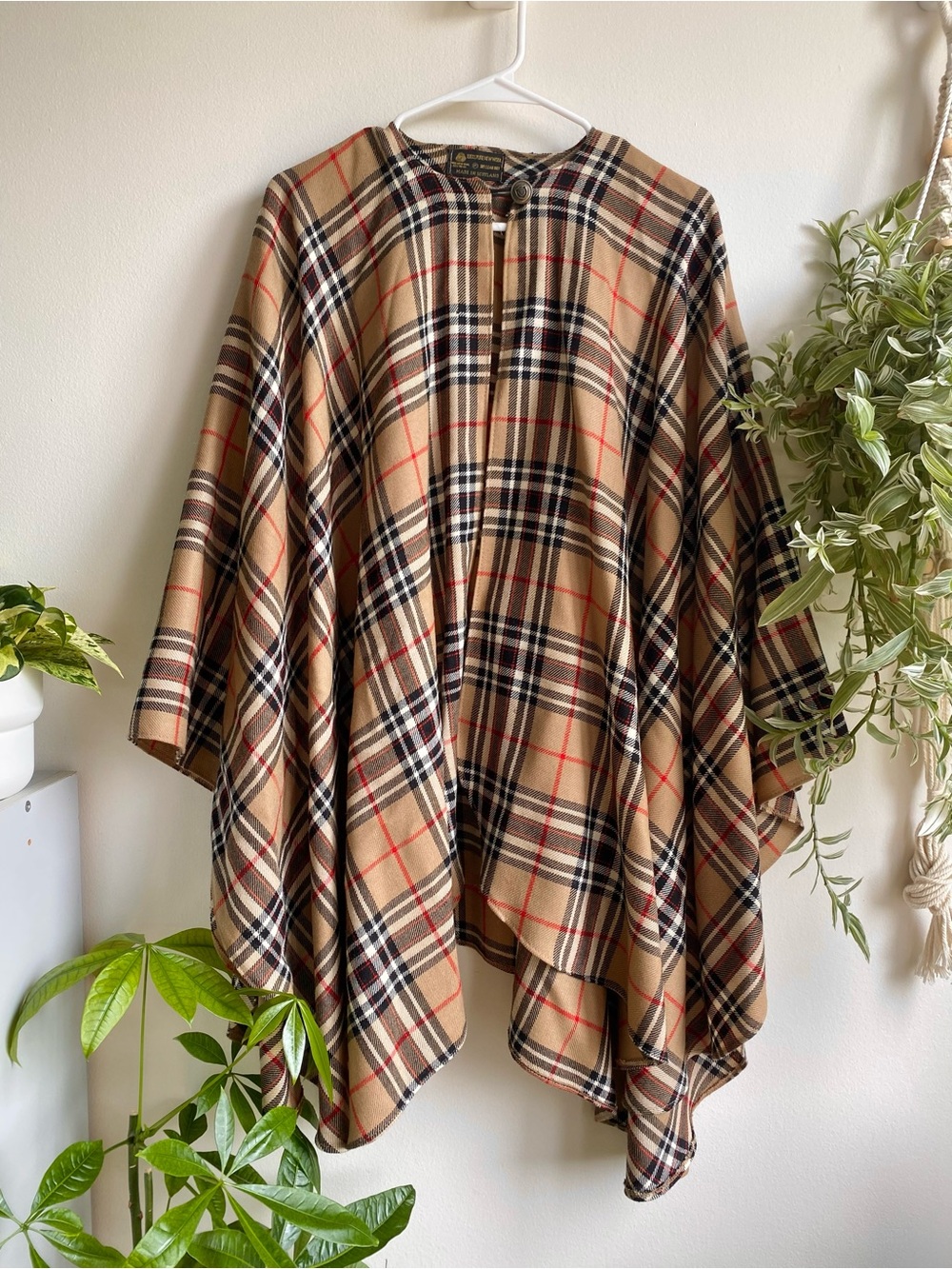 Vintage Wool Plaid Poncho Jacket in Tan